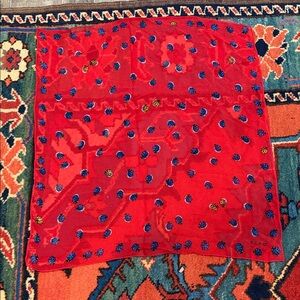 Vintage~Echo Red chiffon Silk Scarf with Blue and Yellow Ladybug Motifs